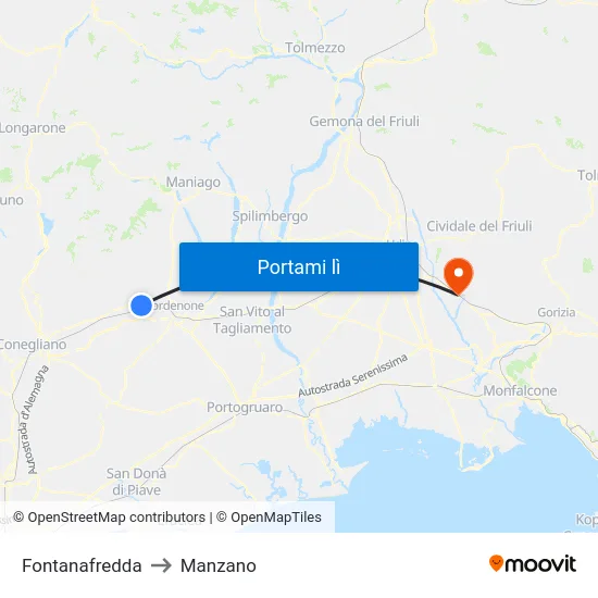 Fontanafredda to Manzano map