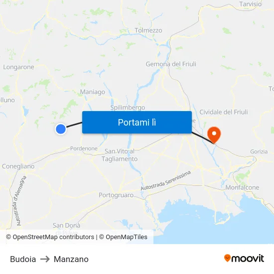 Budoia to Manzano map