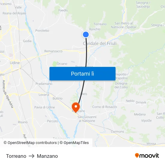 Torreano to Manzano map