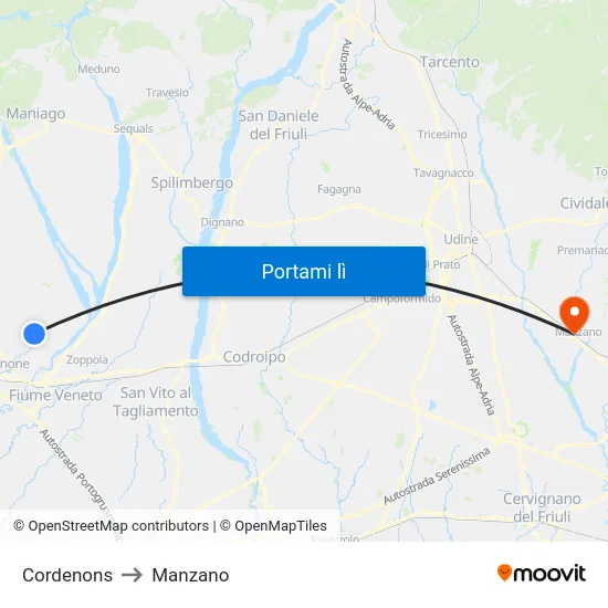 Cordenons to Manzano map