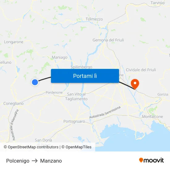 Polcenigo to Manzano map