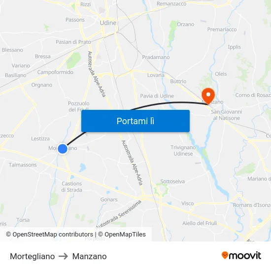 Mortegliano to Manzano map