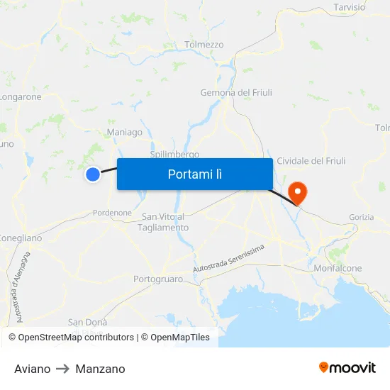Aviano to Manzano map