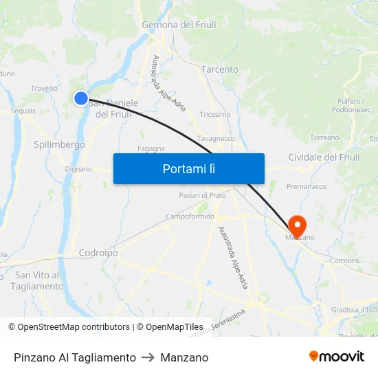 Pinzano Al Tagliamento to Manzano map