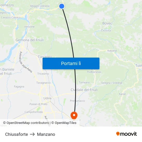 Chiusaforte to Manzano map