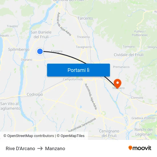 Rive D'Arcano to Manzano map