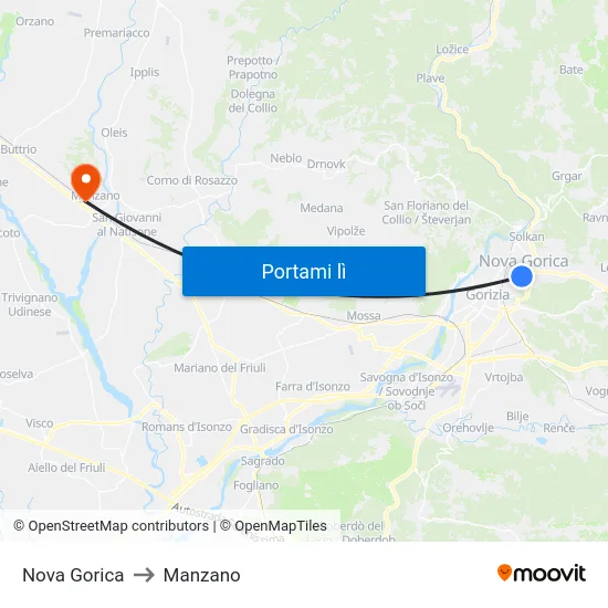 Nova Gorica to Manzano map