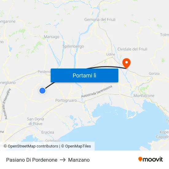 Pasiano Di Pordenone to Manzano map