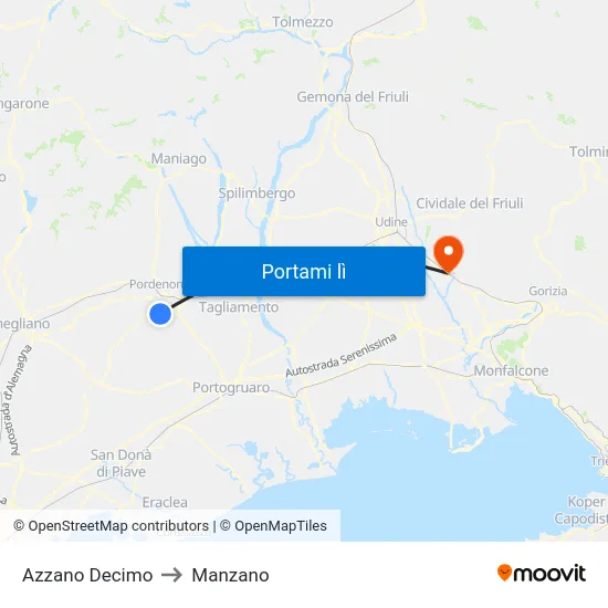 Azzano Decimo to Manzano map
