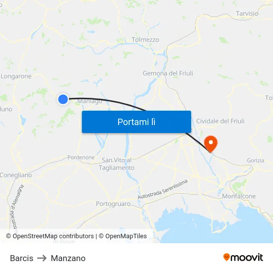 Barcis to Manzano map