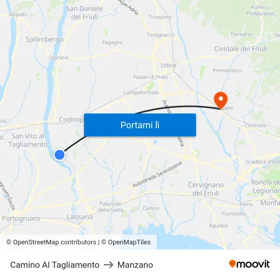 Camino Al Tagliamento to Manzano map