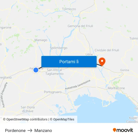 Pordenone to Manzano map