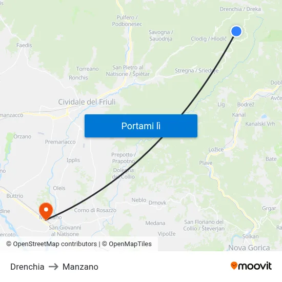 Drenchia to Manzano map