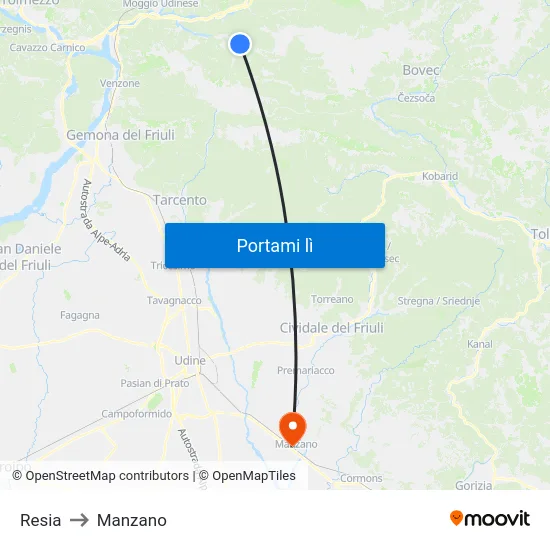 Resia to Manzano map