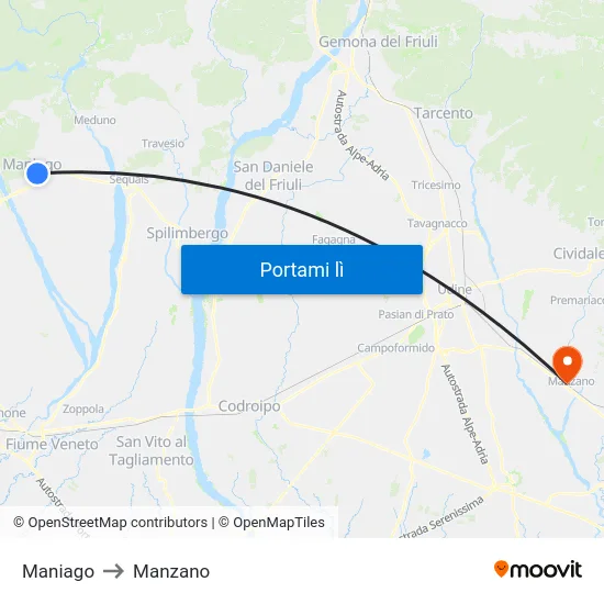 Maniago to Manzano map