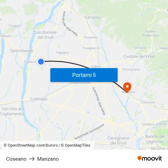 Coseano to Manzano map