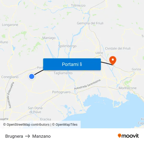 Brugnera to Manzano map