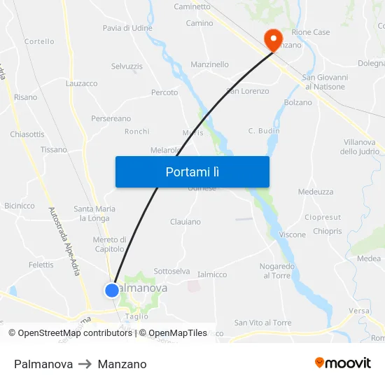 Palmanova to Manzano map