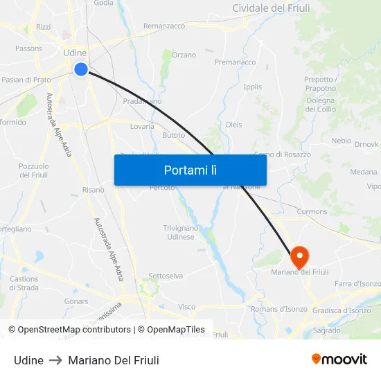 Udine to Mariano Del Friuli map