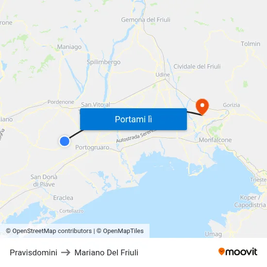 Pravisdomini to Mariano Del Friuli map