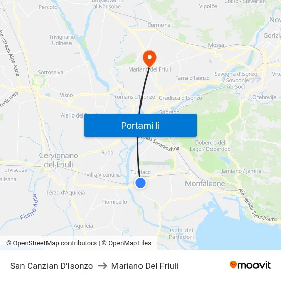 San Canzian D'Isonzo to Mariano Del Friuli map