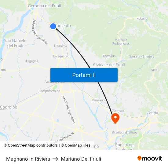 Magnano In Riviera to Mariano Del Friuli map