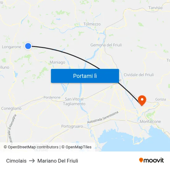 Cimolais to Mariano Del Friuli map