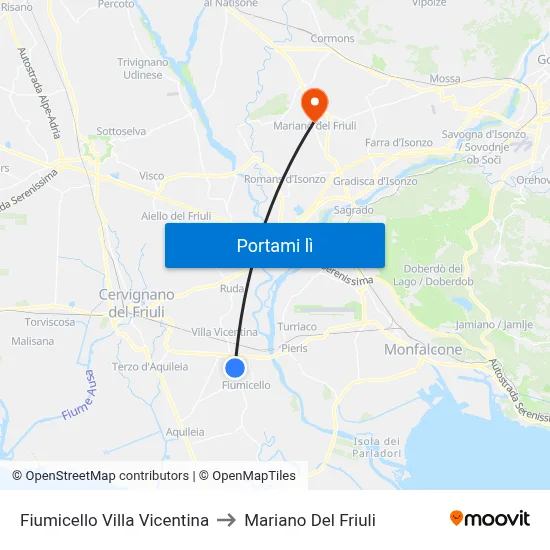 Fiumicello Villa Vicentina to Mariano Del Friuli map