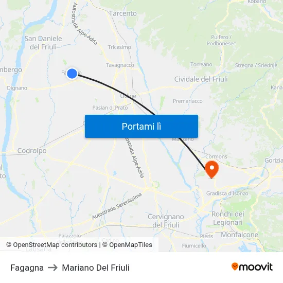 Fagagna to Mariano Del Friuli map