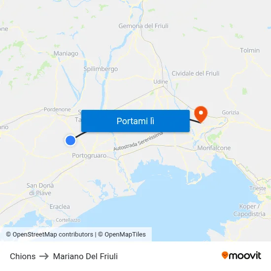 Chions to Mariano Del Friuli map