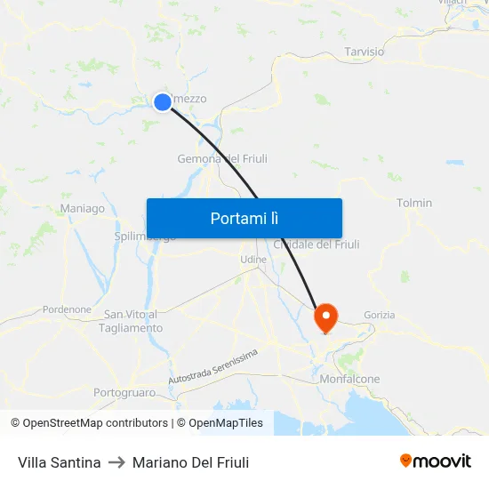 Villa Santina to Mariano Del Friuli map
