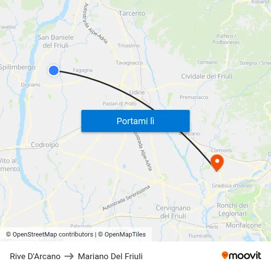 Rive D'Arcano to Mariano Del Friuli map