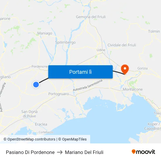 Pasiano Di Pordenone to Mariano Del Friuli map