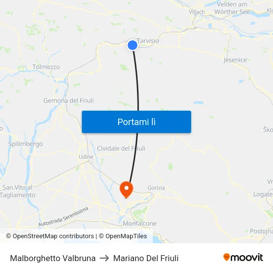 Malborghetto Valbruna to Mariano Del Friuli map