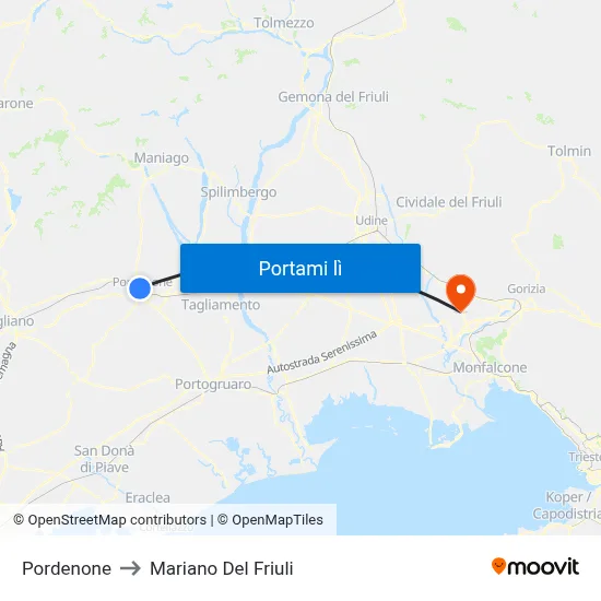 Pordenone to Mariano Del Friuli map