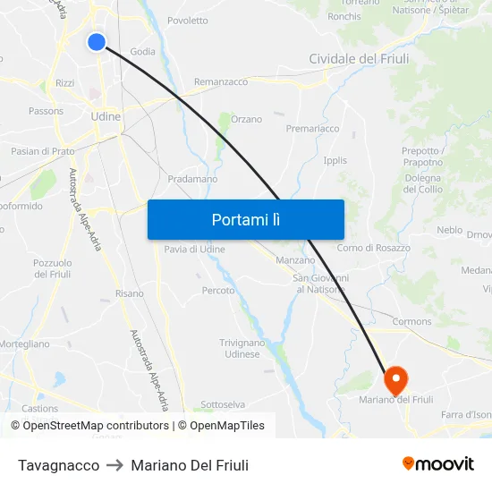 Tavagnacco to Mariano Del Friuli map