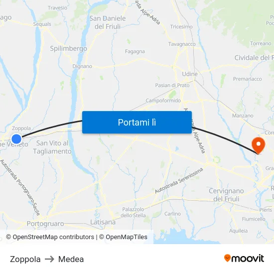 Zoppola to Medea map