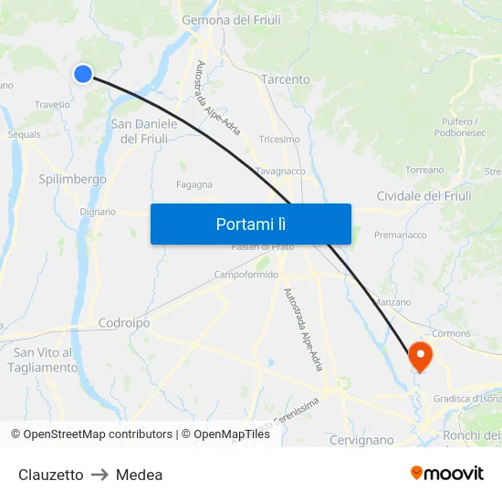 Clauzetto to Medea map