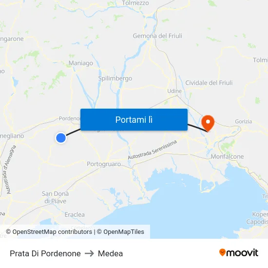 Prata Di Pordenone to Medea map