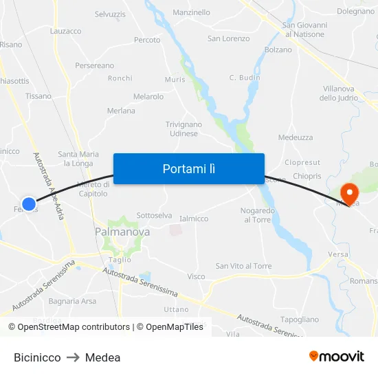 Bicinicco to Medea map