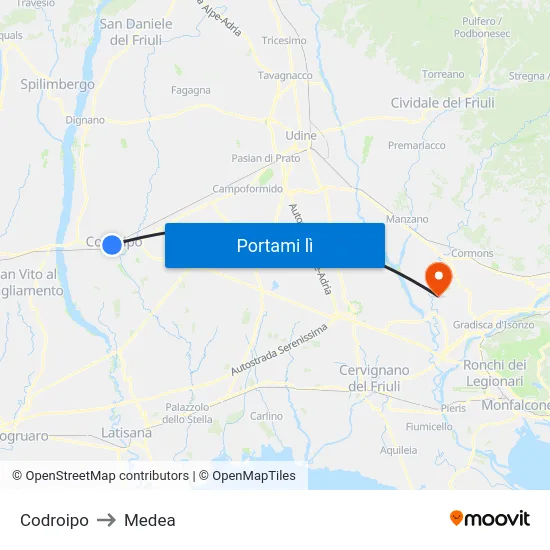 Codroipo to Medea map