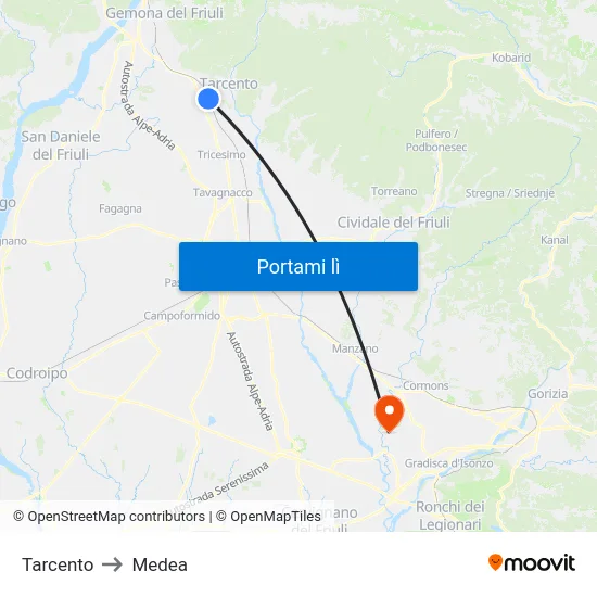 Tarcento to Medea map