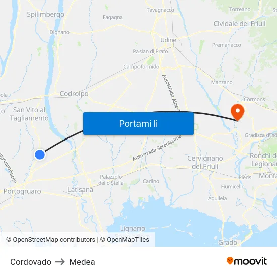 Cordovado to Medea map