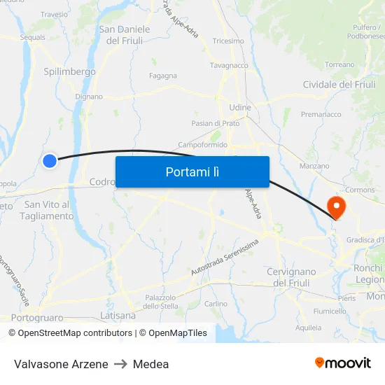 Valvasone Arzene to Medea map