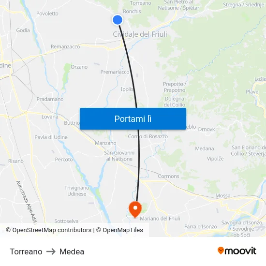Torreano to Medea map
