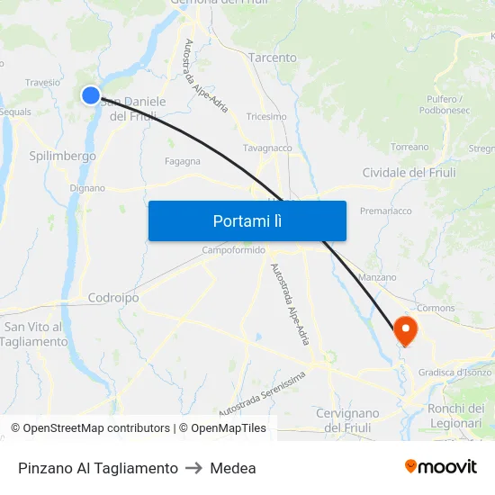 Pinzano Al Tagliamento to Medea map