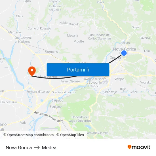 Nova Gorica to Medea map