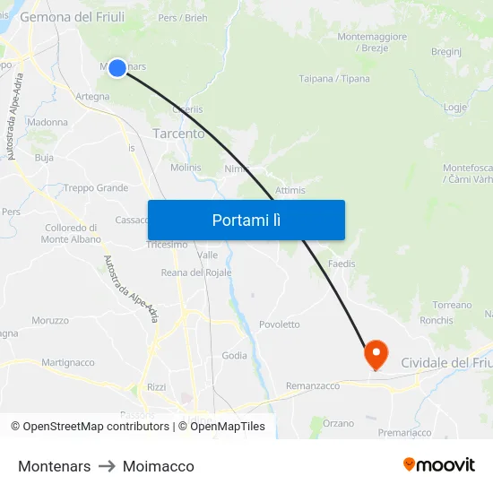 Montenars to Moimacco map