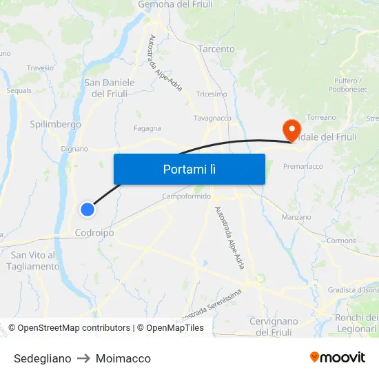 Sedegliano to Moimacco map