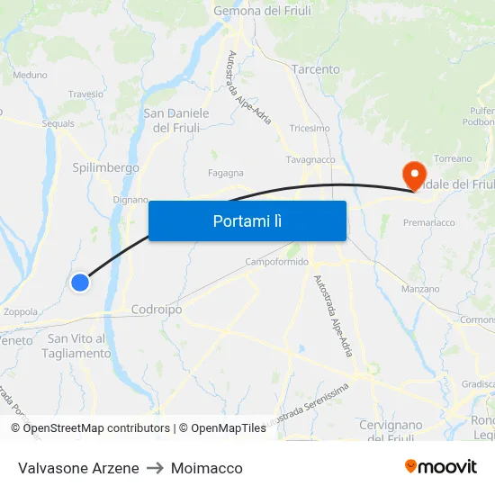 Valvasone Arzene to Moimacco map